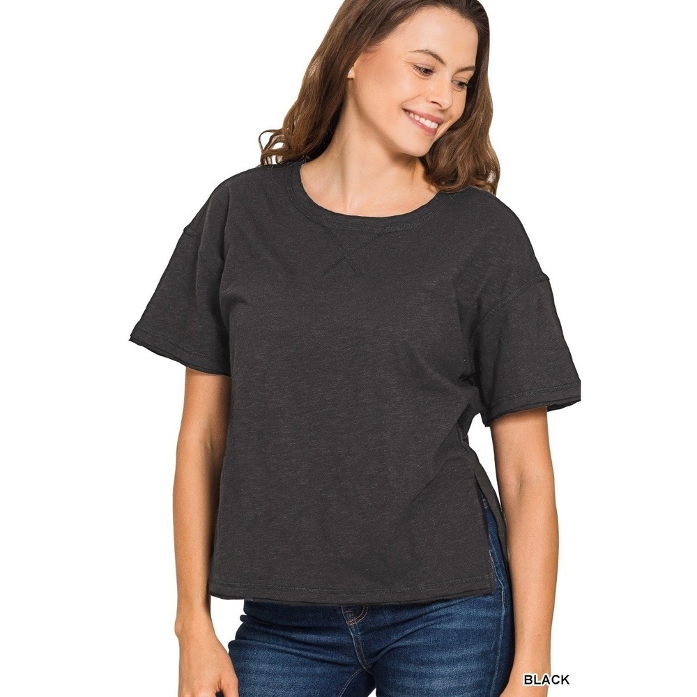 Zenana Cotton slub short sleeve tee Black T-Shirt Women Large Casual Top